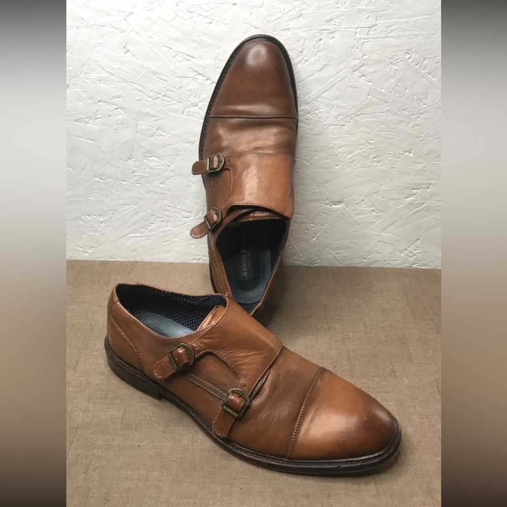Aston Grey Bussiere Men's Dress Shoes Double Monk Strap Brown Leather Size 10